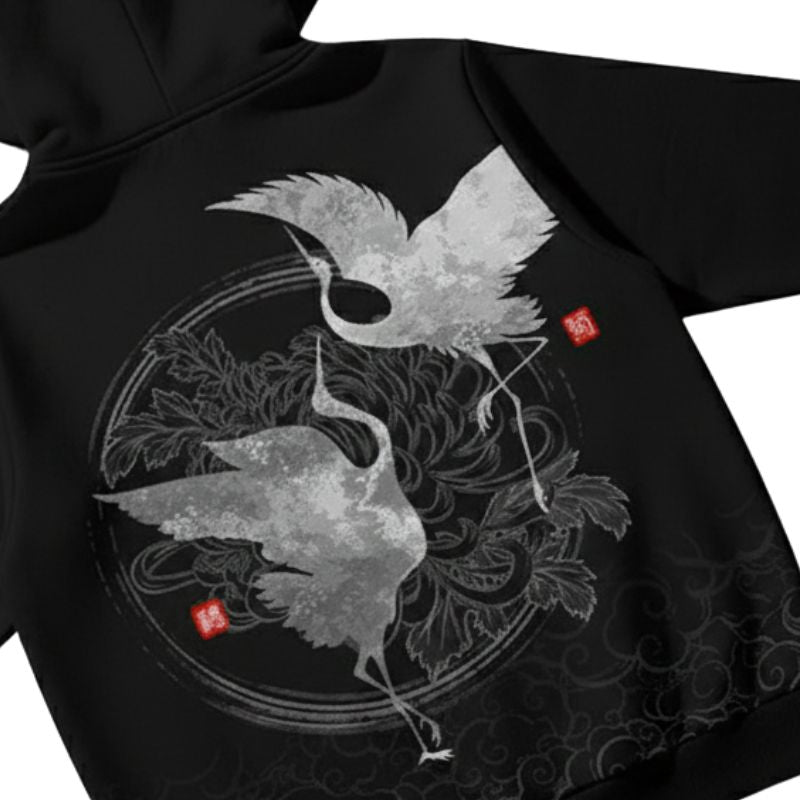 Sweat Japonais Noir Avec Design Grue Artistique