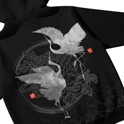 Sweat Japonais Noir Avec Design Grue Artistique