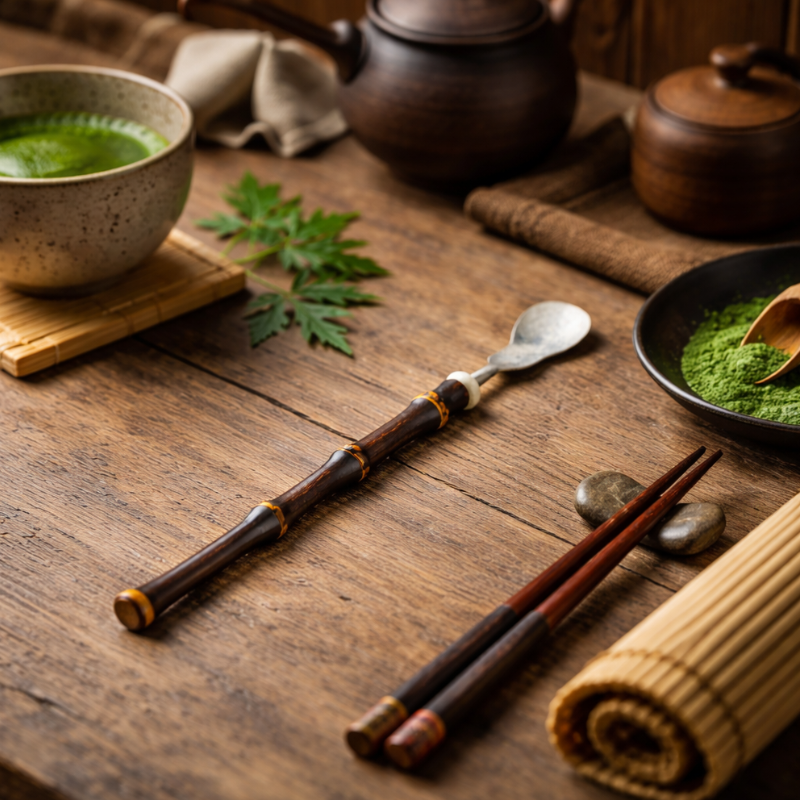 Cuillère Matcha En Acier Avec Manche Bambou Fin Sculpté