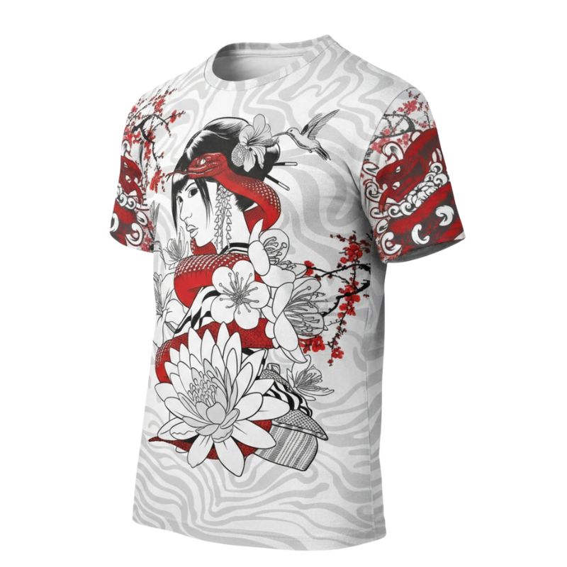 T-Shirt Japonais En Blanc Avec Femme Geisha Et Fleurs Lotus