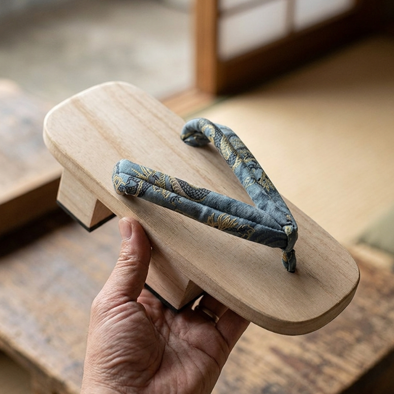 Sandales Geta Japonaises En Bois Naturel Avec Bride Imprimée