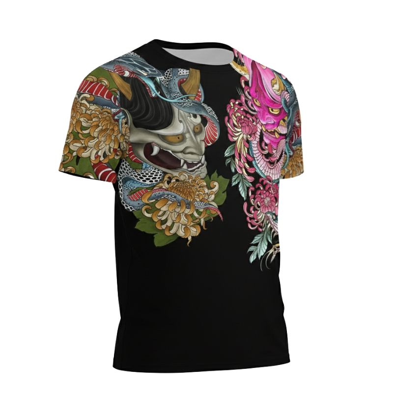 T-Shirt Japonais Mode Urbaine Avec Design Démon Floral