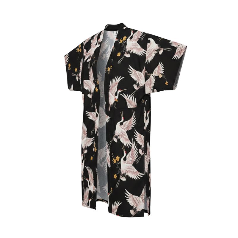 Veste Kimono Noir En Motif Grues Japonaises