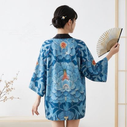 Veste Kimono Bleu En Motif Fleur Géante Artistique