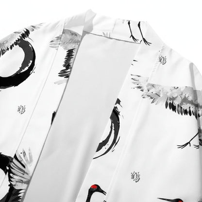 Haori Homme Japonais Blanc Motif Grues et Cercle Enso