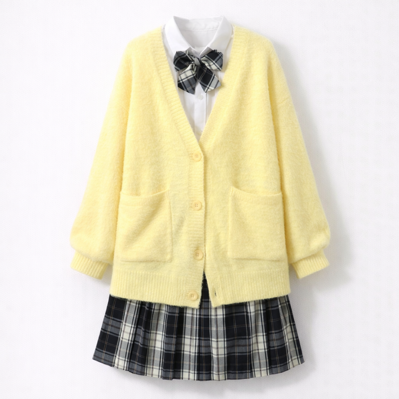 Uniforme Japonais Étudiante Avec Cardigan Oversize Et Jupe Plissée