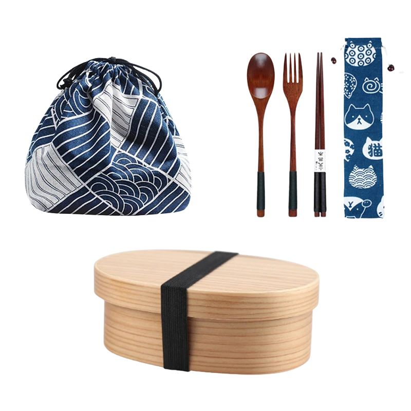 Boîte Bento Japonaise En Bois Avec Sac & Couverts