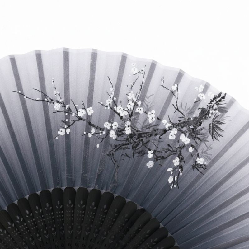 Éventail Japonais Gris Dégradé Avec Motif Branche Fleurie