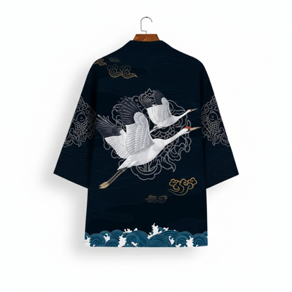 Haori Homme Style Japonais Noir Imprimé Grues Volantes