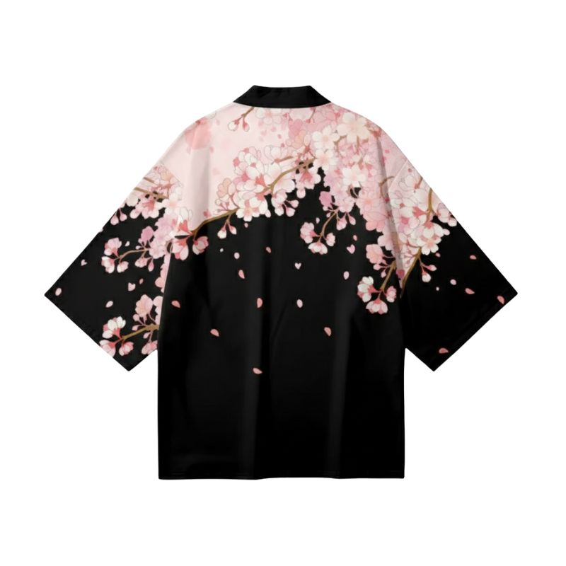 Haori Femme Noir Et Rose En Motif Fleur De Cerisier
