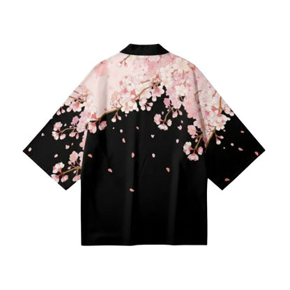 Haori Femme Noir Et Rose En Motif Fleur De Cerisier