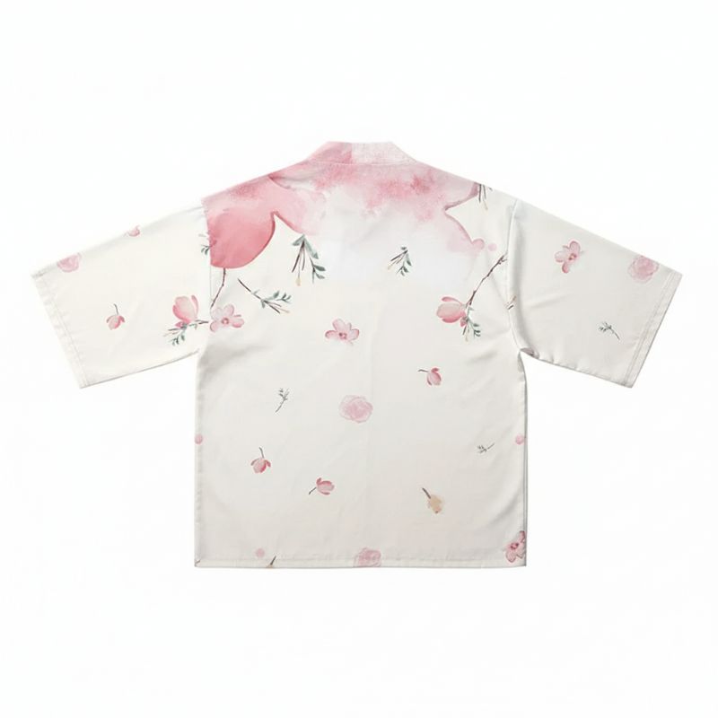 Haori Femme Blanc En Motif Fleurs Roses Délicates