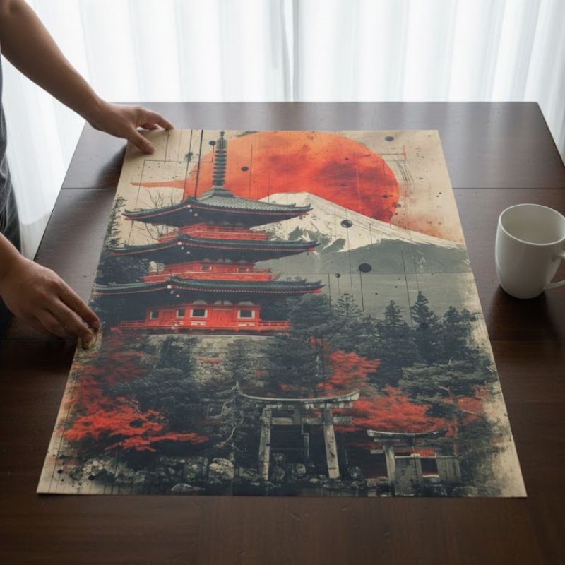 Tableau Japonais En Style Artistique Avec Temple Traditionnel