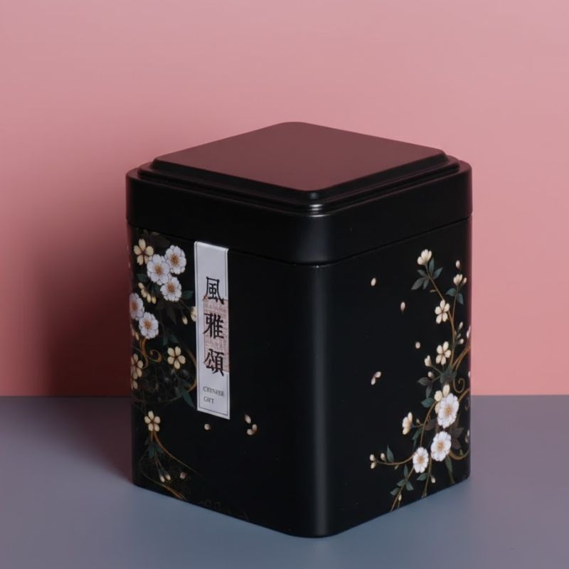 Boîte à Thé Japonaise Noire au Design Floral
