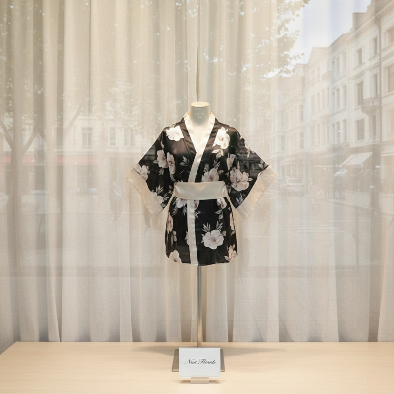 Kimono En Satin Noir Avec Fleurs Japonaise