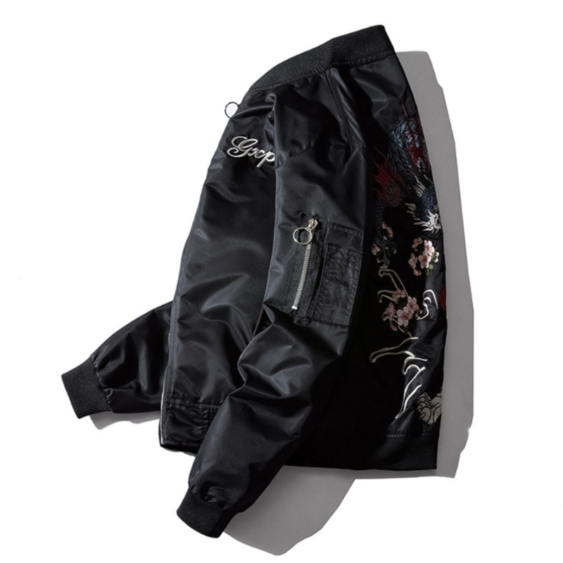 Sukajan Homme Noir Avec Broderie Dragon Et Tigre Japonaise