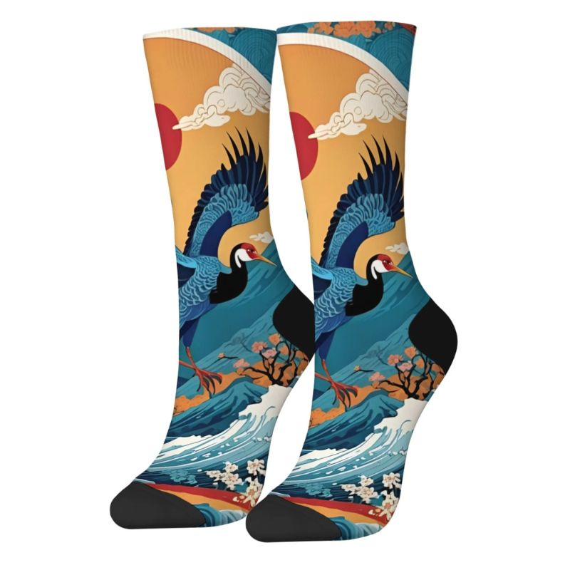 Chaussette Japonaise Imprimé Grue Et Vagues