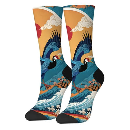 Chaussette Japonaise Imprimé Grue Et Vagues