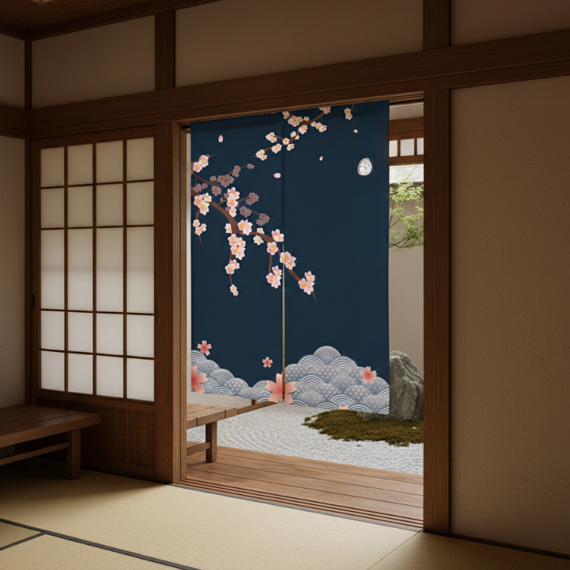 Noren Japonais Avec Branche Sakura En Fleur Et Motif Vagues