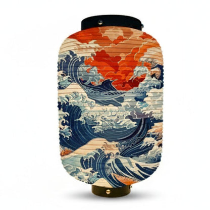 Lanterne Japonaise Motif Grande Vague Et Ciel Rouge