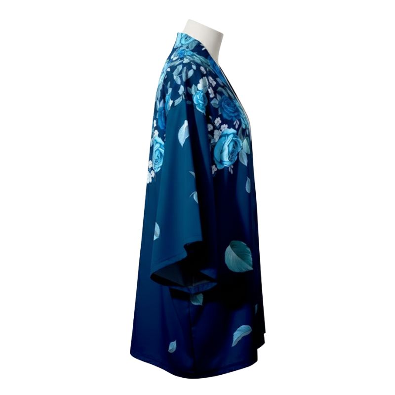 Haori Femme Bleu Marine En Motif Roses Élégantes