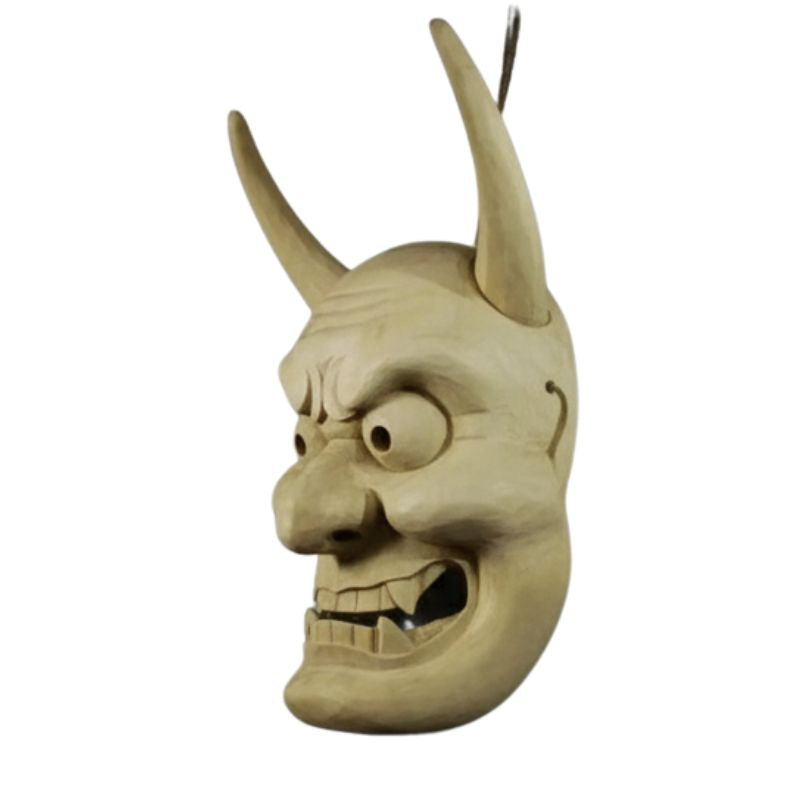 Masque Nô En Bois Sculpté Avec Cornes Longues