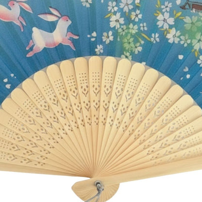 Éventail Japonais Bleu Dégradé Avec Motif Lapins Et Fleurs