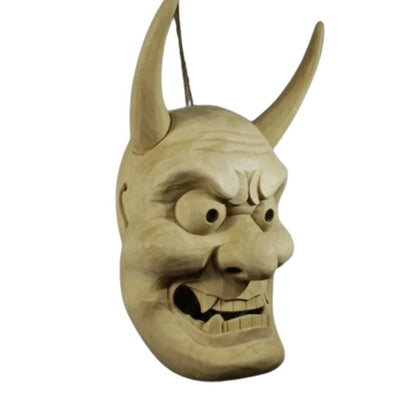 Masque Nô En Bois Sculpté Avec Cornes Longues