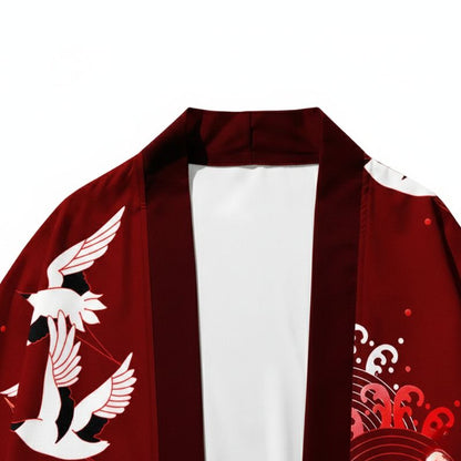 Haori Homme Japonais Rouge Grues Blanches et Motifs Seigaiha