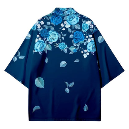 Haori Femme Bleu Marine En Motif Roses Élégantes