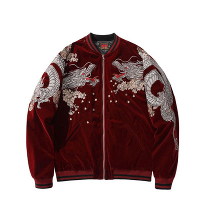 Sukajan Homme En Satin Avec Dragon Enroulé Et Pivoines Brodées