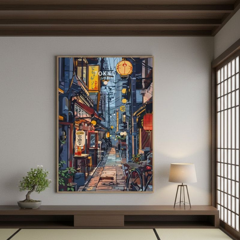 Tableau Japonais Avec Ruelle De Tokyo Et Lanternes Traditionnelles