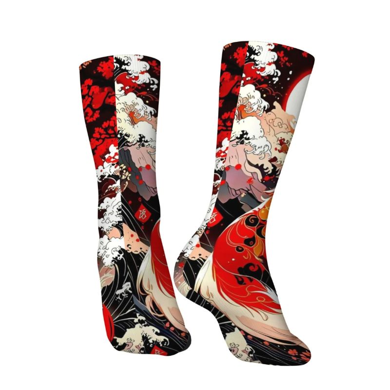 Chaussette Japonaise Imprimé Renard Rouge Et Lune Mystique