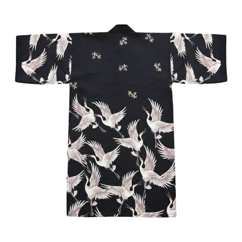 Veste Kimono Noir En Motif Grues Japonaises