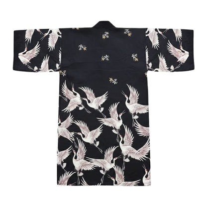 Veste Kimono Noir En Motif Grues Japonaises