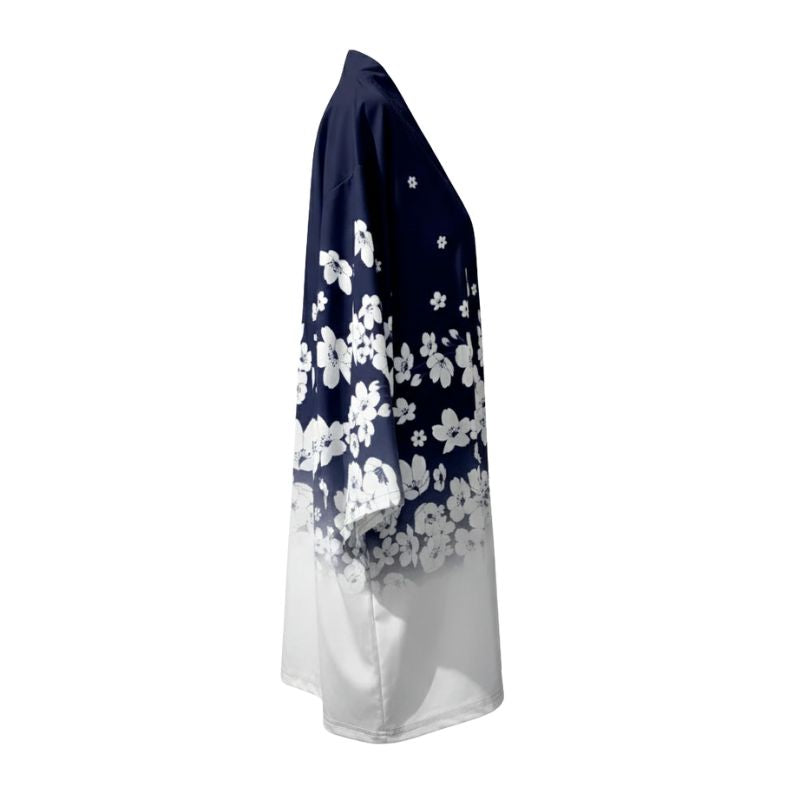 Haori Femme Bleu En Motif Fleurs Blanches Dégradé