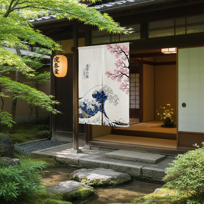 Noren Japonais Motif Grande Vague Et Sakura