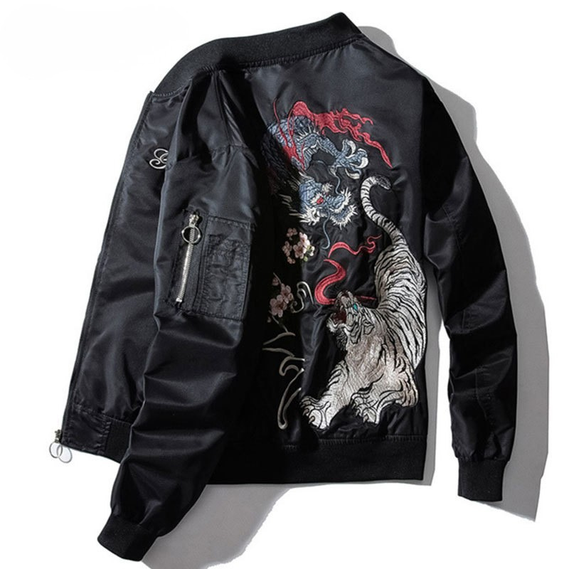 Sukajan Homme Noir Avec Broderie Dragon Et Tigre Japonaise
