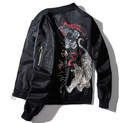 Sukajan Homme Noir Avec Broderie Dragon Et Tigre Japonaise