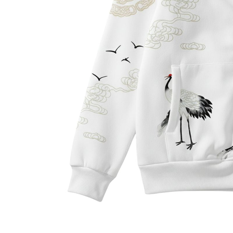 Sweat Japonais Zippé Avec Illustration Montagne Et Oiseaux