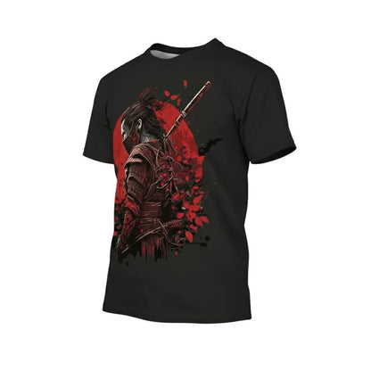 T-Shirt Japonais En Noir Avec Samouraï Armuré Et Soleil Rouge