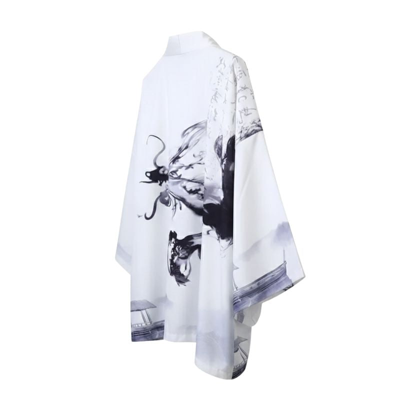 Veste Kimono Blanc En Motif Encre Japonaise Artistique