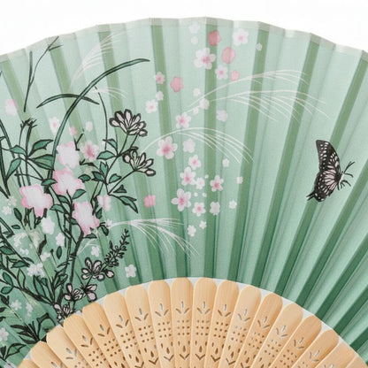 Éventail Japonais Pliant Vert Avec Illustration Florale