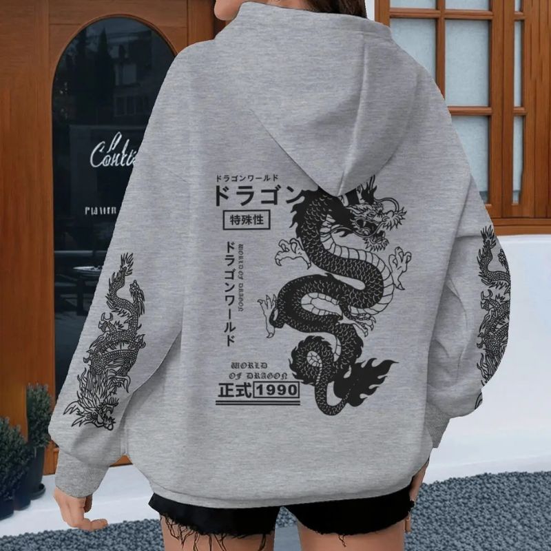 Sweat Japonais Gris à Motif Dragon Impérial