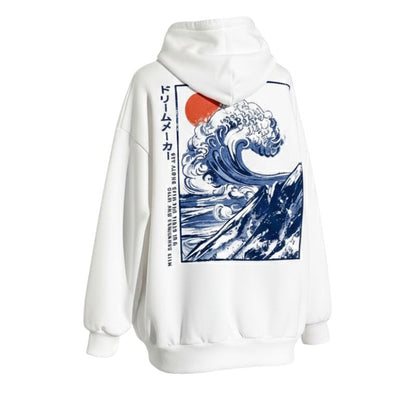 Sweat Japonais Blanc Avec Illustration Vague Et Soleil Levant