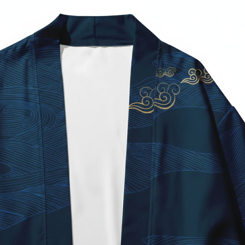 Haori Homme Japonais Bleu Marine Motif Vagues et Nuages