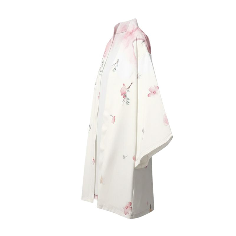Haori Femme Blanc En Motif Fleurs Roses Délicates