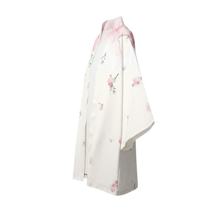 Haori Femme Blanc En Motif Fleurs Roses Délicates