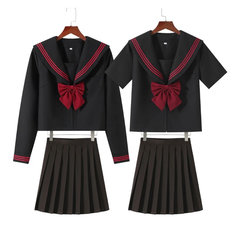 Uniforme Japonais Noir Avec Col Marin Et Nœud Rouge