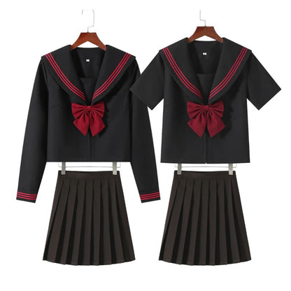 Uniforme Japonais Noir Avec Col Marin Et Nœud Rouge